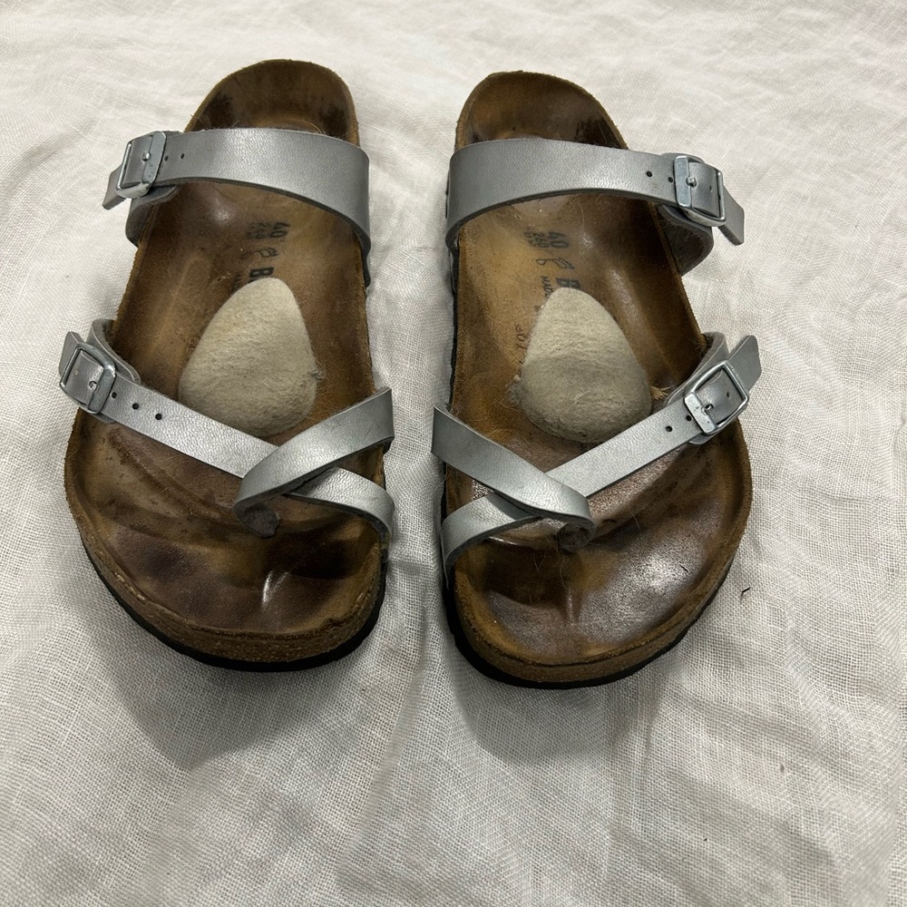 Birkenstock Mayari Silver Slip On Slide Sandal, Size 40